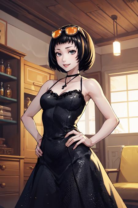 13547-1389023329-masterpiece, best quality, absurdres, 1girl, solo, OhyaIchiko, short hair, bob cut, eyewear on head, elegant, long dress, black.png